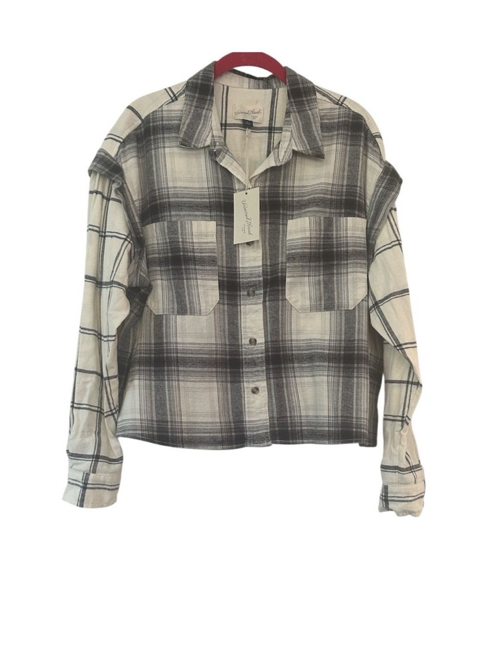 Universal Thread Crop Flannel Shirt NEW Size L Cream Black Plaid Long Sleeve